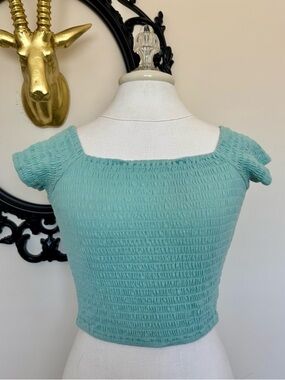 Others Follow Smocked Square-Neck Crop Top - Aqua Blue
